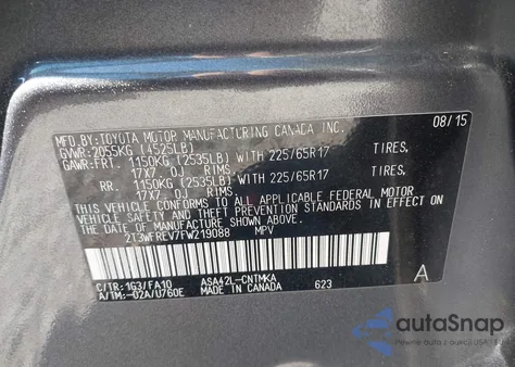 2015 Toyota Rav4 Xle from USA, damaged, VIN 2T3WFREV7FW219088